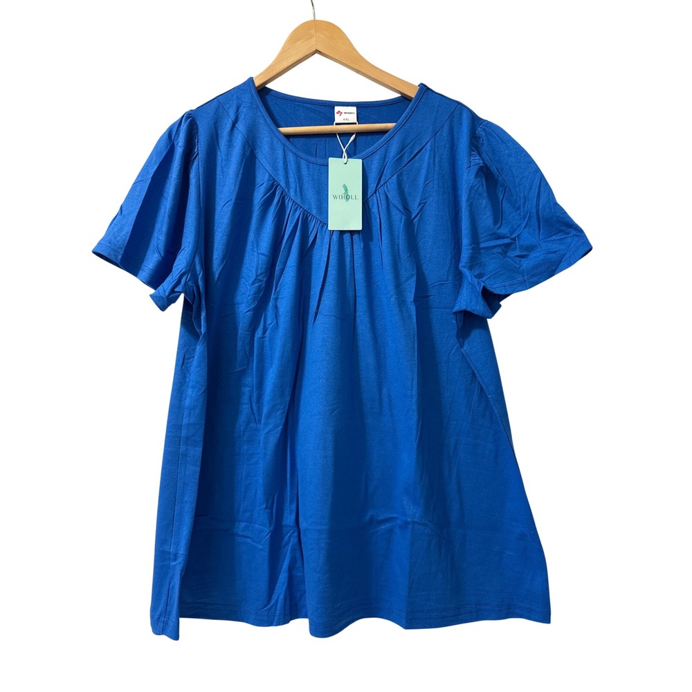 WIHOLL Pleated Yoke‎ Blouse Womens XXL Blue NEW Short Sleeve Puff Top